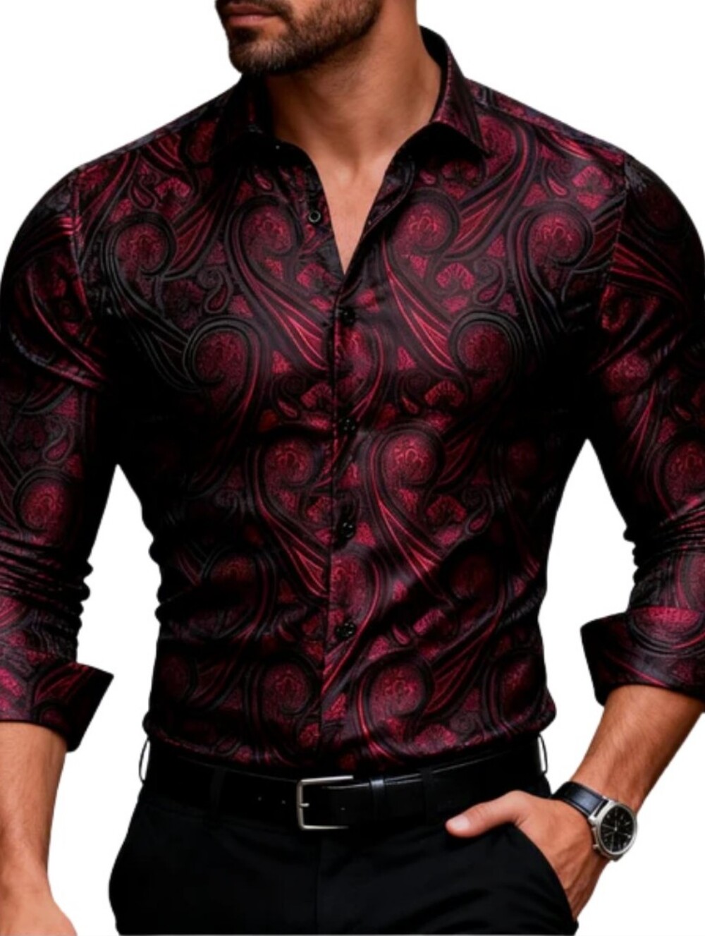 Men's Black & Burgundy Paisley Jacquard Long Sleeve Dress Shirt